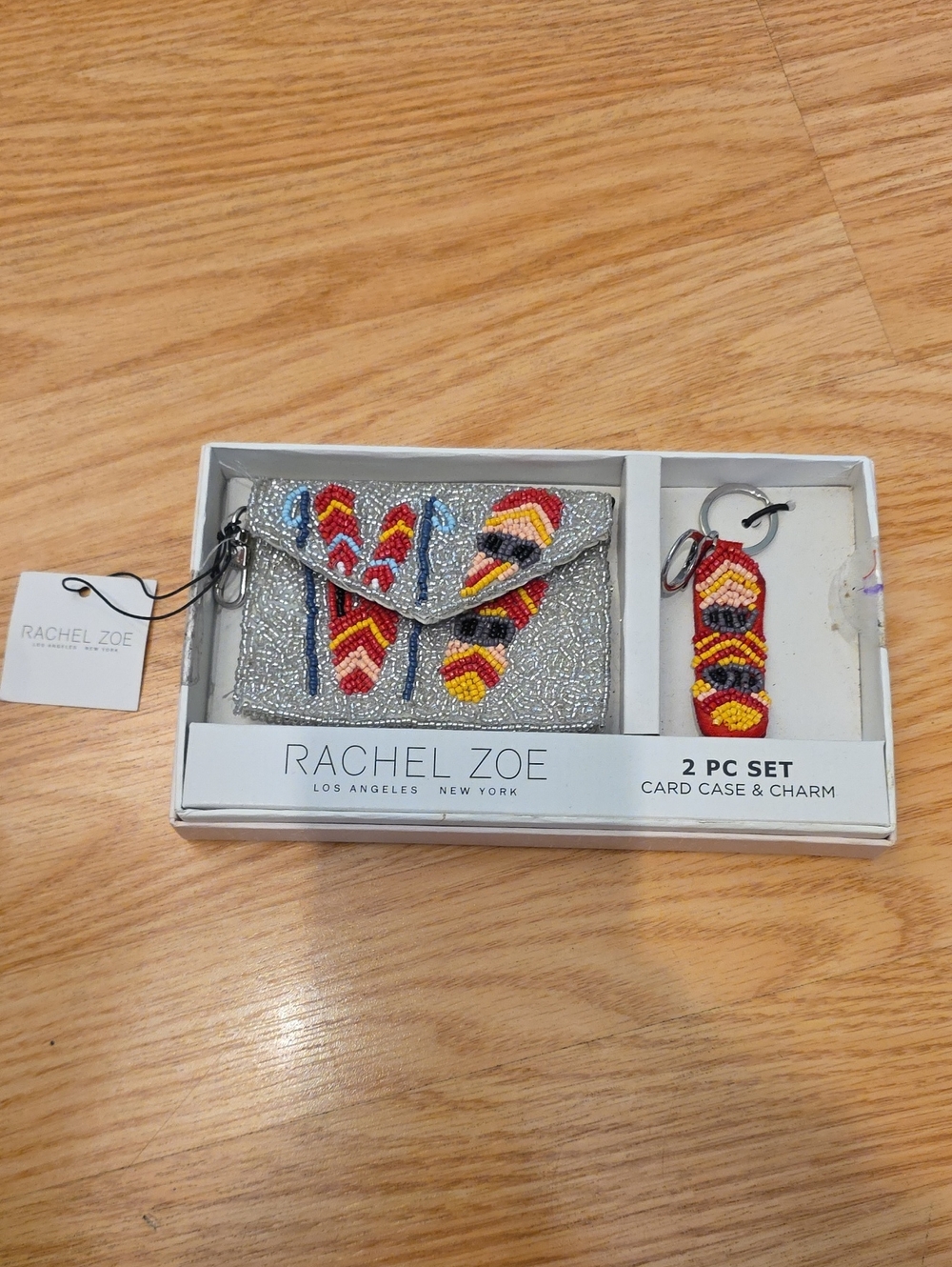 Rachel Zoe Silver Beaded Card Case with Red, Yellow & Black Beaded Charm